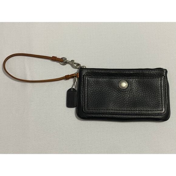 Coach Black Leather Wristlet Wallet Snap Closure Gold Logo Textured Compact - Picture 1 of 7